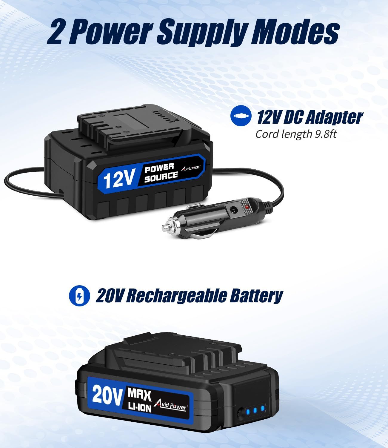 AVID POWER Cordless Tire Inflator Portable Air Compressor Rechargeable Battery Powered 20V/12V DC Car Tire Pump Blue