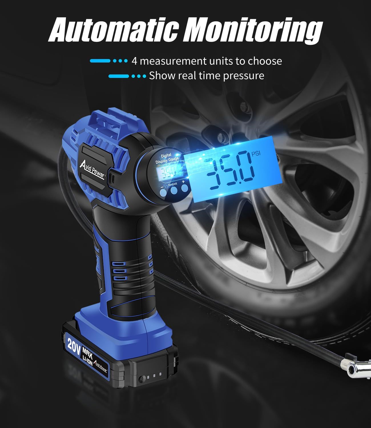 AVID POWER Cordless Tire Inflator Portable Air Compressor Rechargeable Battery Powered 20V/12V DC Car Tire Pump Blue
