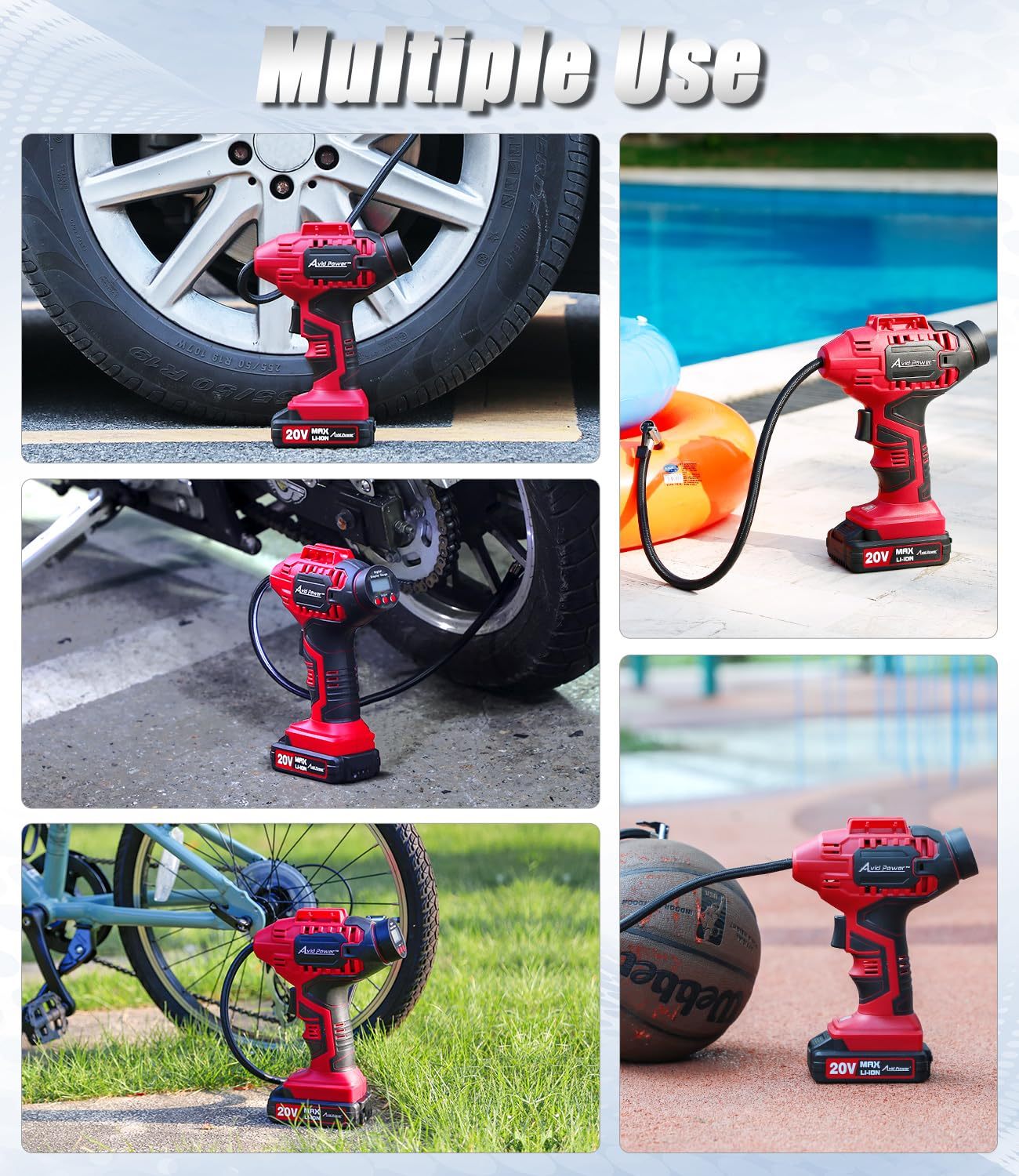 AVID POWER Cordless Tire Inflator Portable Air Compressor Rechargeable Battery Powered 20V/12V DC Car Tire Pump Red