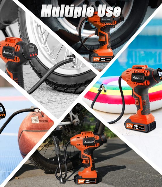 AVID POWER Cordless Tire Inflator Portable Air Compressor Rechargeable Battery Powered 20V/12V DC Car Tire Pump Orange