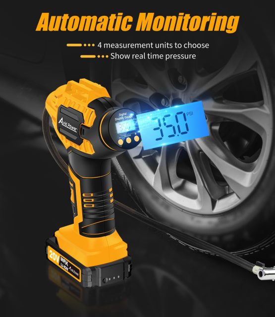 AVID POWER Cordless Tire Inflator Portable Air Compressor Rechargeable Battery Powered 20V/12V DC Car Tire Pump Yellow
