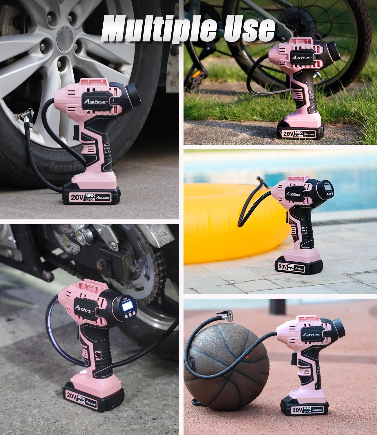 AVID POWER Cordless Tire Inflator Portable Air Compressor Rechargeable Battery Powered 20V/12V DC Car Tire Pump Pink