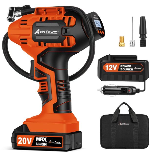 AVID POWER Cordless Tire Inflator Portable Air Compressor Rechargeable Battery Powered 20V/12V DC Car Tire Pump Orange