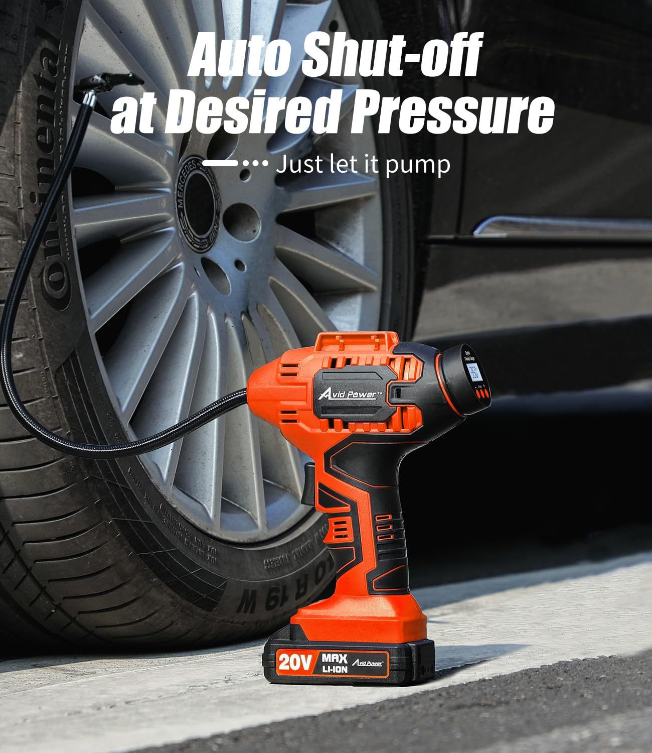 AVID POWER Cordless Tire Inflator Portable Air Compressor Rechargeable Battery Powered 20V/12V DC Car Tire Pump Orange