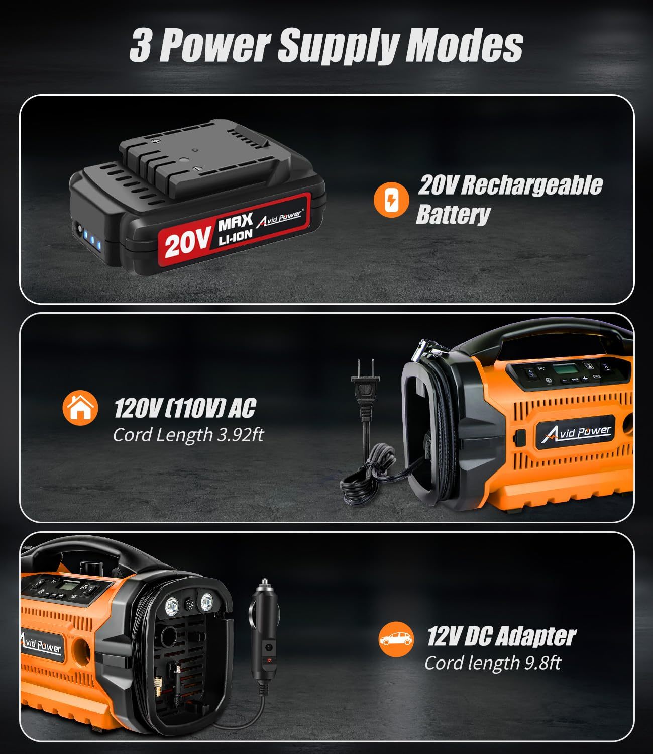 AVID POWER Tire Inflator Portable Air compressor 110V AC/12V DC/20V Battery Air Pump with Deflation Modes