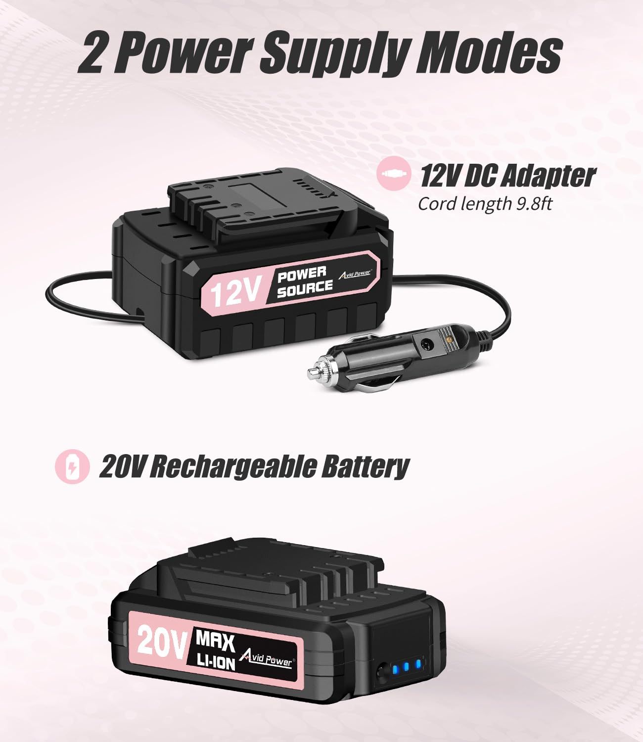 AVID POWER Cordless Tire Inflator Portable Air Compressor Rechargeable Battery Powered 20V/12V DC Car Tire Pump Pink