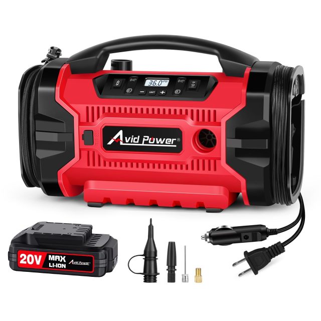 AVID POWER Tire Inflator Portable Air compressor 110V AC/12V DC/20V Battery Air Pump with Deflation Modes