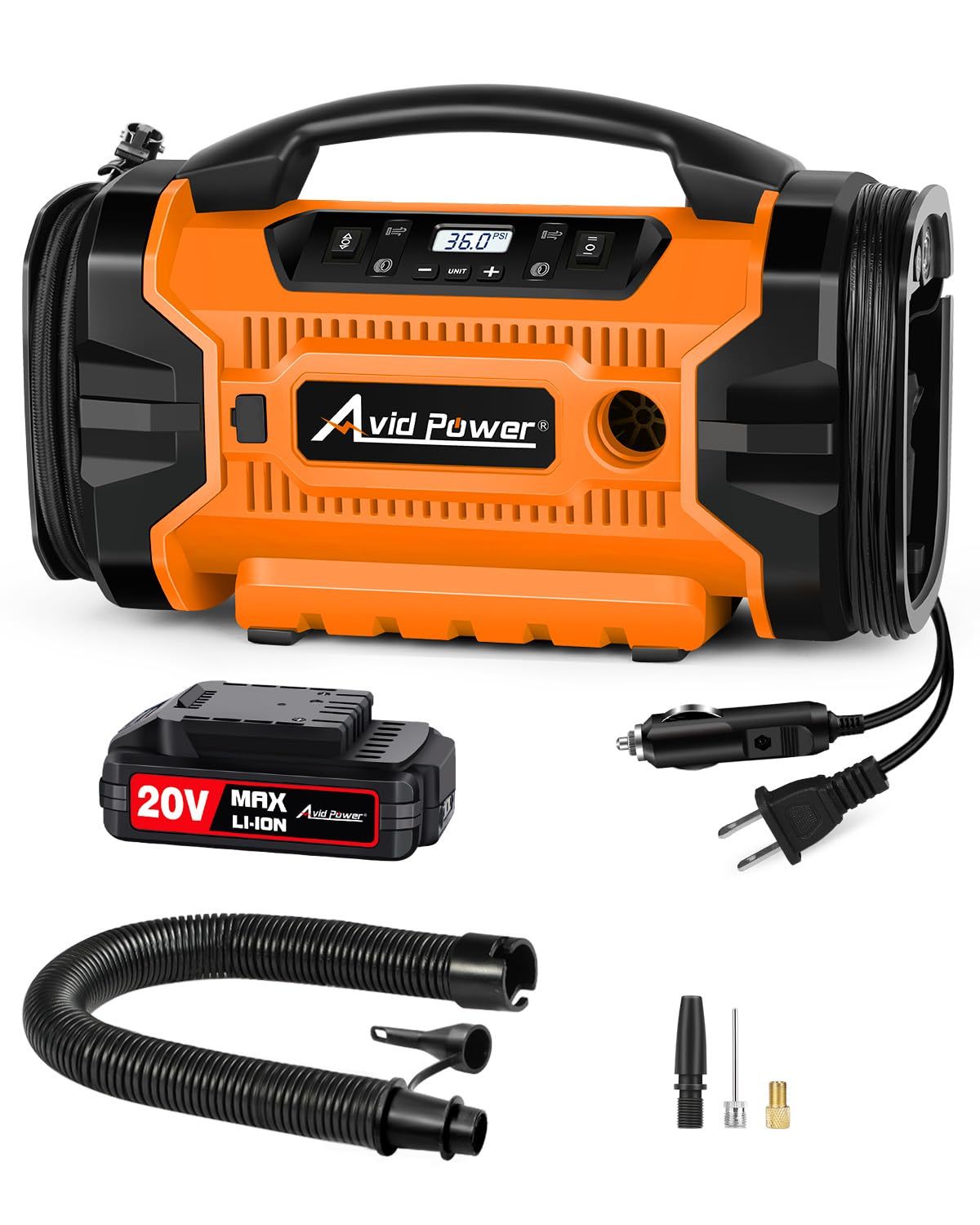 AVID POWER Tire Inflator Portable Air compressor 110V AC/12V DC/20V Battery Air Pump with Deflation Modes