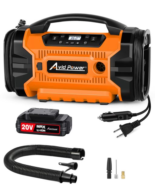 AVID POWER Tire Inflator Portable Air compressor 110V AC/12V DC/20V Battery Air Pump with Deflation Modes