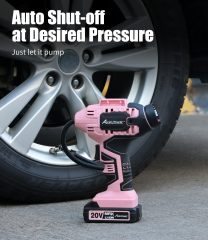 AVID POWER Cordless Tire Inflator Portable Air Compressor Rechargeable Battery Powered 20V/12V DC Car Tire Pump Pink