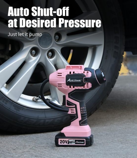 AVID POWER Cordless Tire Inflator Portable Air Compressor Rechargeable Battery Powered 20V/12V DC Car Tire Pump Pink