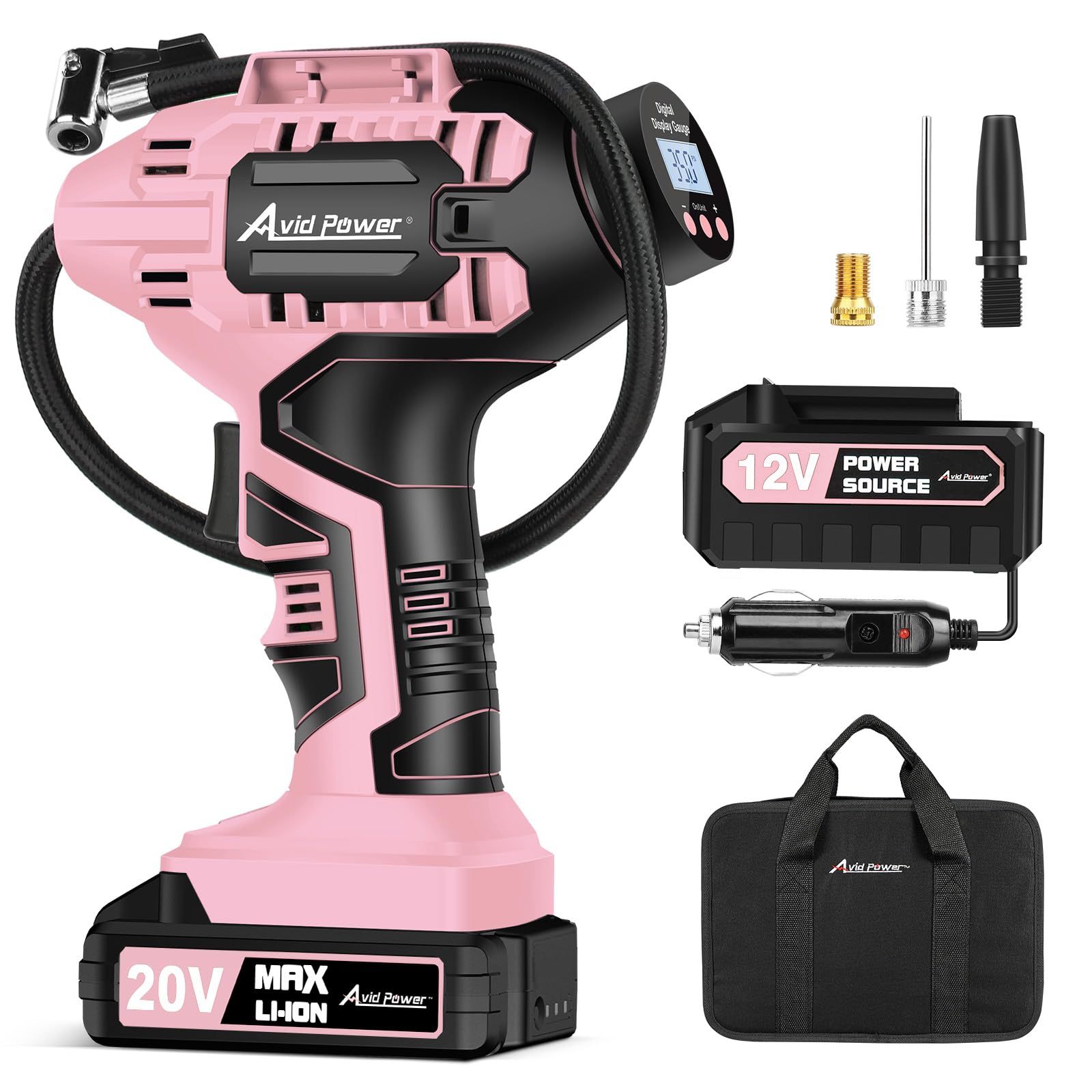 AVID POWER Cordless Tire Inflator Portable Air Compressor Rechargeable Battery Powered 20V/12V DC Car Tire Pump Pink