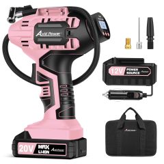 AVID POWER Cordless Tire Inflator Portable Air Compressor Rechargeable Battery Powered 20V/12V DC Car Tire Pump Pink