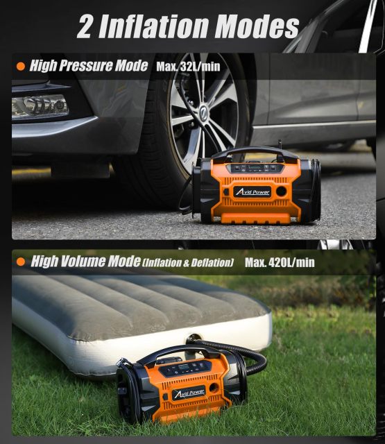 AVID POWER Tire Inflator Portable Air compressor 110V AC/12V DC/20V Battery Air Pump with Deflation Modes