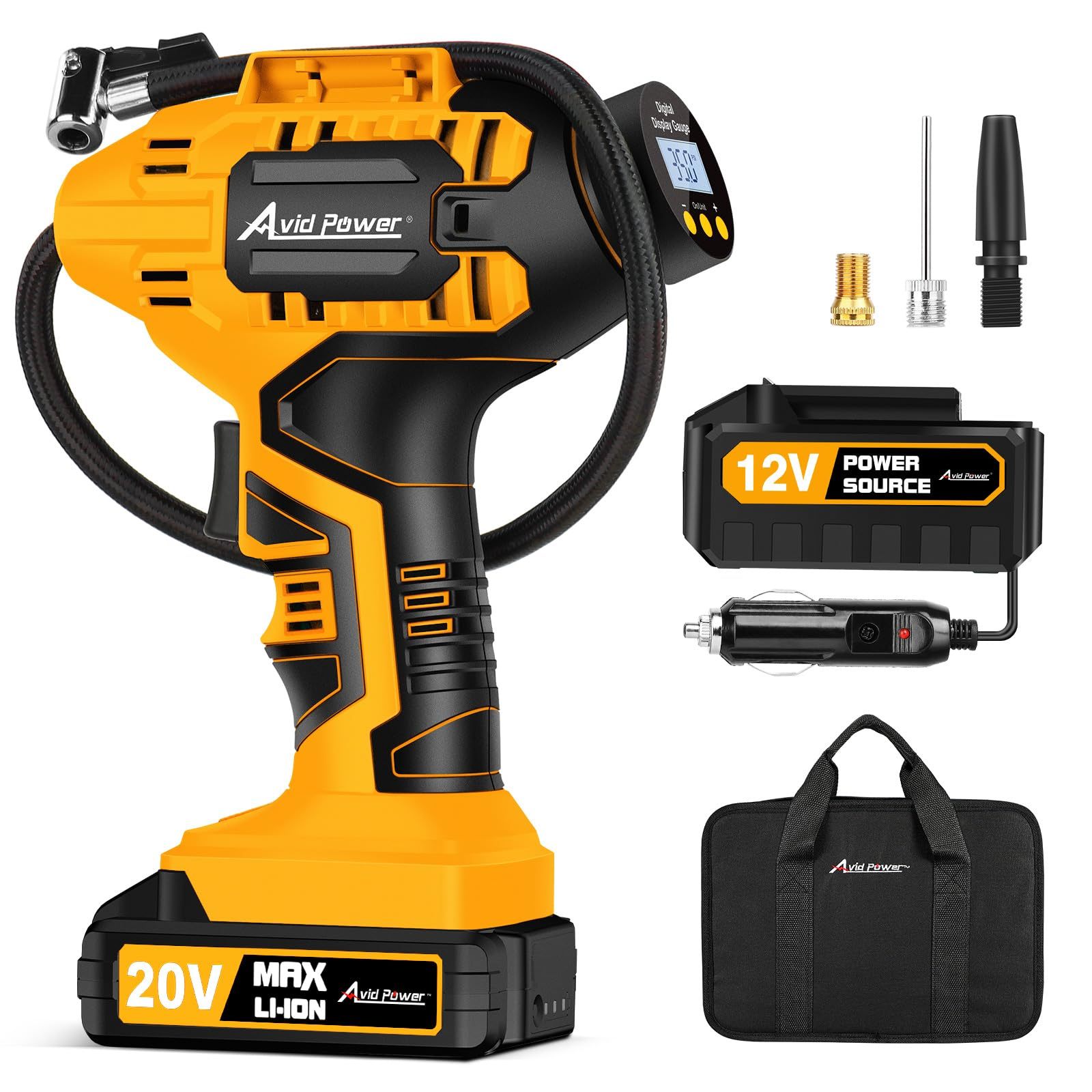 AVID POWER Cordless Tire Inflator Portable Air Compressor Rechargeable Battery Powered 20V/12V DC Car Tire Pump Yellow