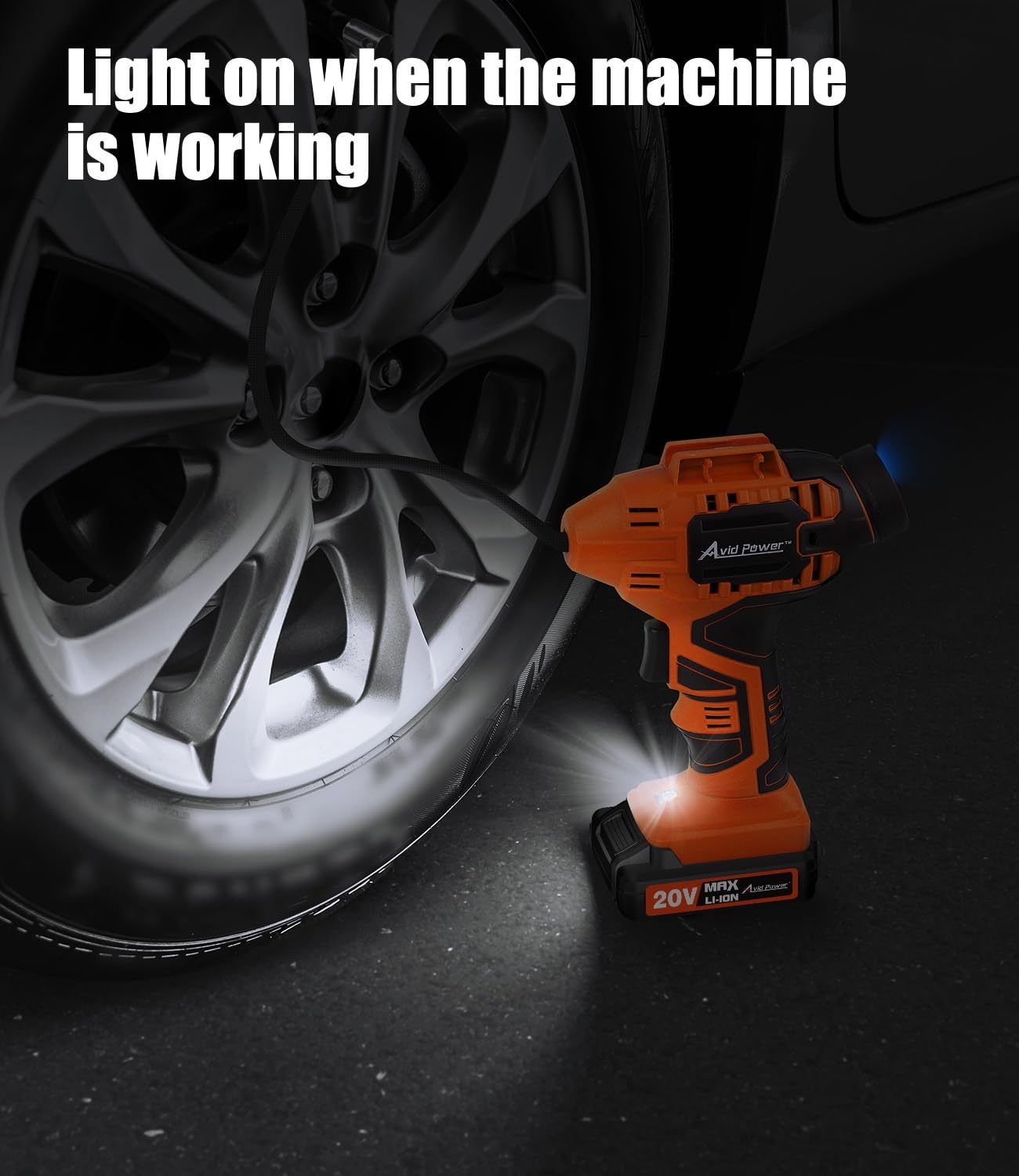 AVID POWER Cordless Tire Inflator Portable Air Compressor Rechargeable Battery Powered 20V/12V DC Car Tire Pump Orange