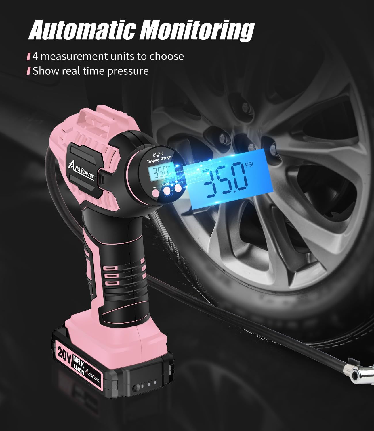 AVID POWER Cordless Tire Inflator Portable Air Compressor Rechargeable Battery Powered 20V/12V DC Car Tire Pump Pink