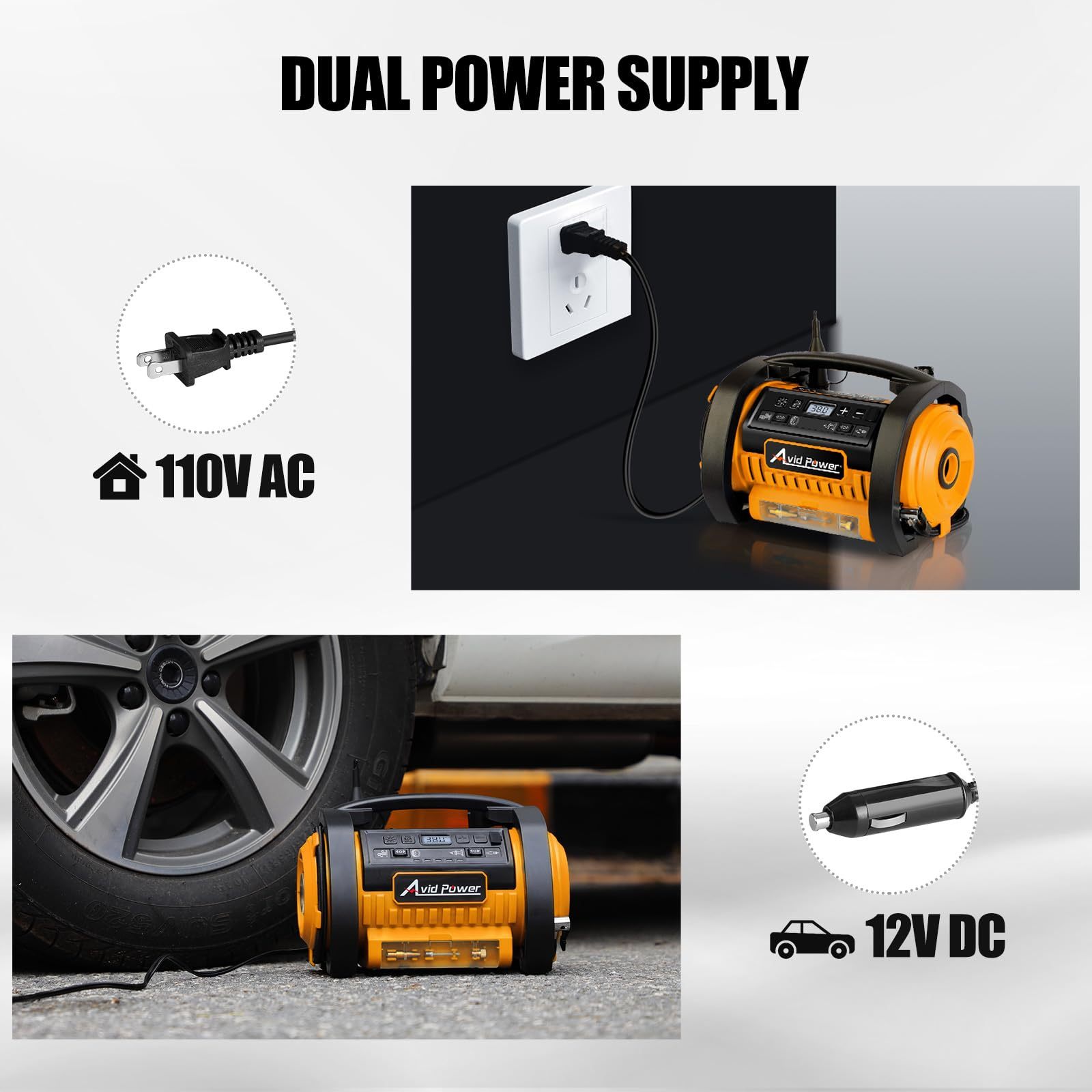 AVID POWER Tire Inflator Portable Air Compressor 12V DC/120V AC Car Tire Pump with Inflation and Deflation Modes
