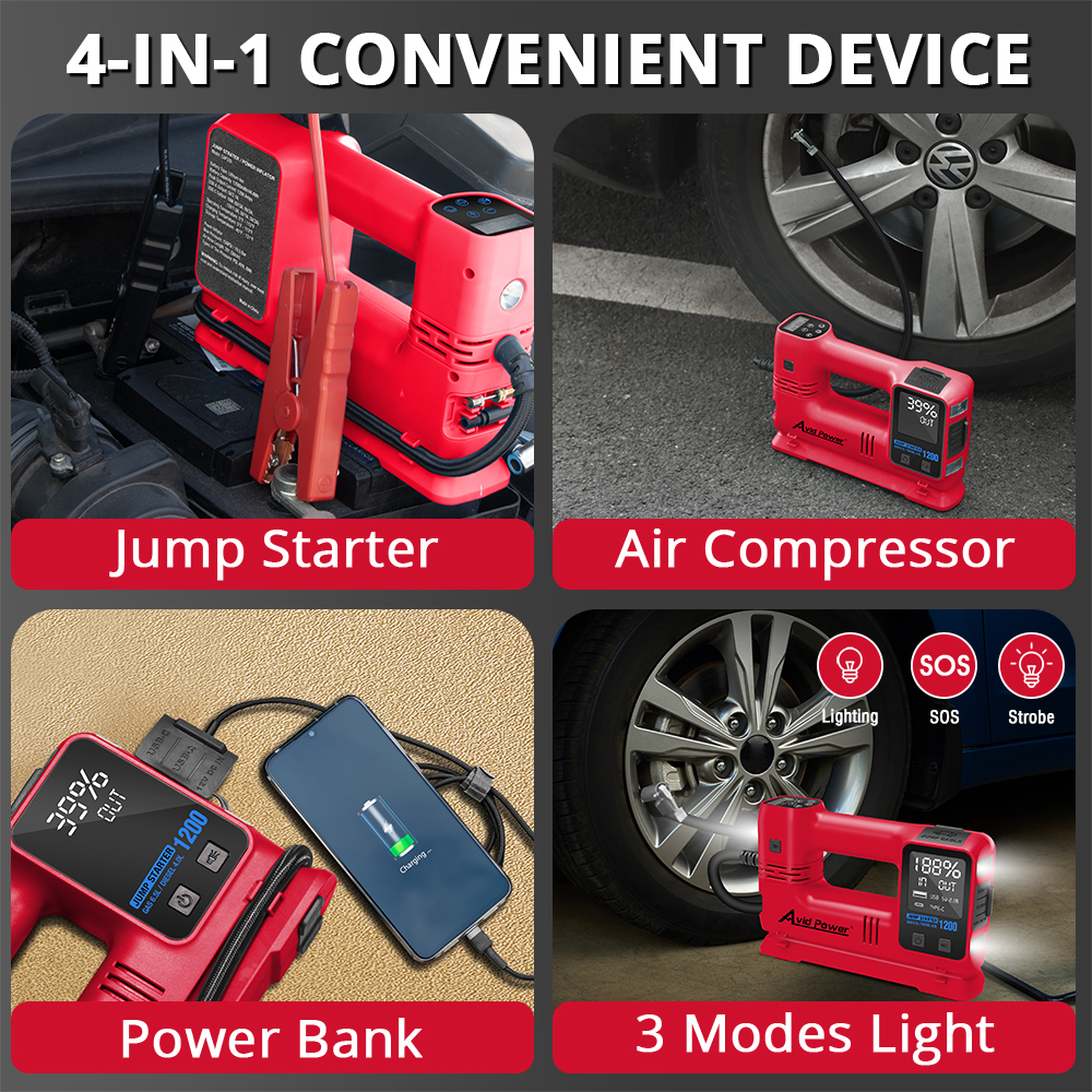 Avid Power Jump Starter with Air Compressor,1200A Car Battery Booster Pack 150PSI Tire Inflator Power Bank
