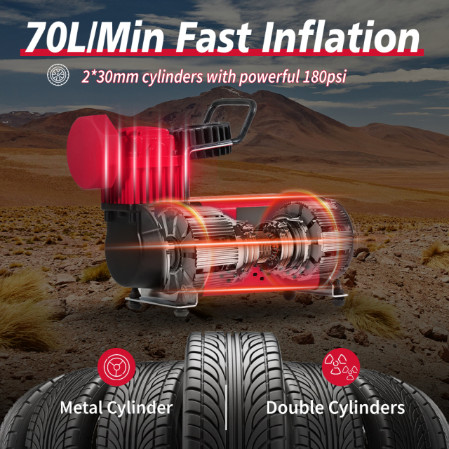 Avid Power Dual Cylinder Heavy Duty Tire Inflator Air Compressor 70L/Min Auto Air Pump with DC 12V Battery Clamp