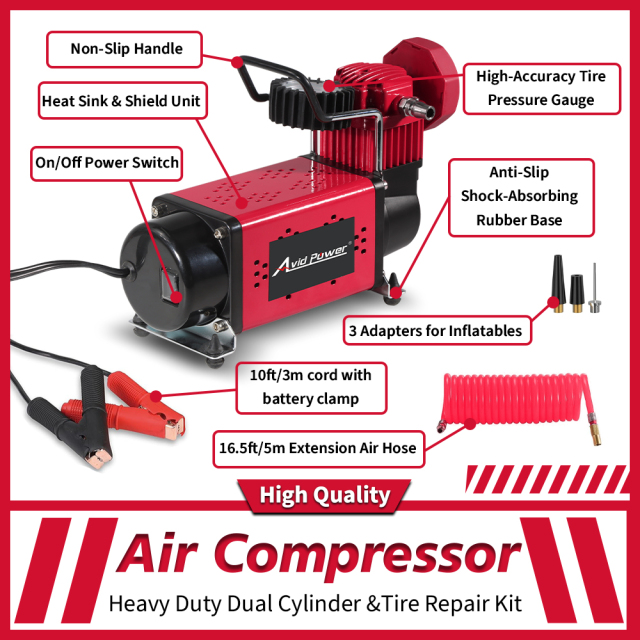Avid Power Dual Cylinder Heavy Duty Tire Inflator Air Compressor 70L/Min Auto Air Pump with DC 12V Battery Clamp