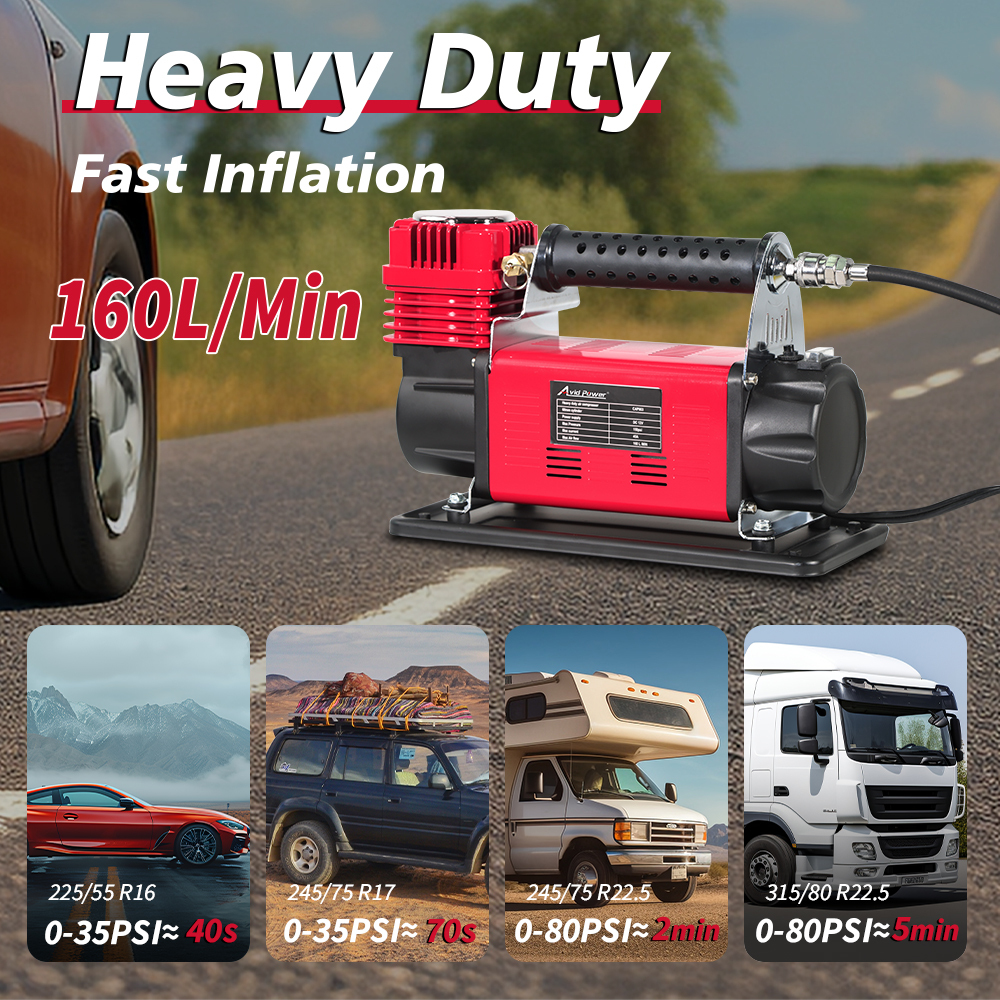 Avid Power Heavy Duty Tire Inflator Air Compressor 160L/Min Fast Inflation Car Air Pump with DC 12V Battery Clamp