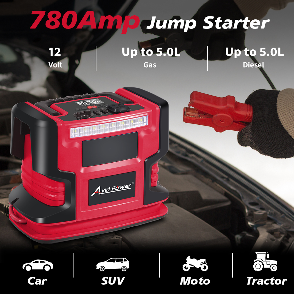 Avid Power 5 In 1 Jump Starter with Air Compressor 780A Peak 120 PSI Tire Inflator Power Bank LED Lighting 12V Charger