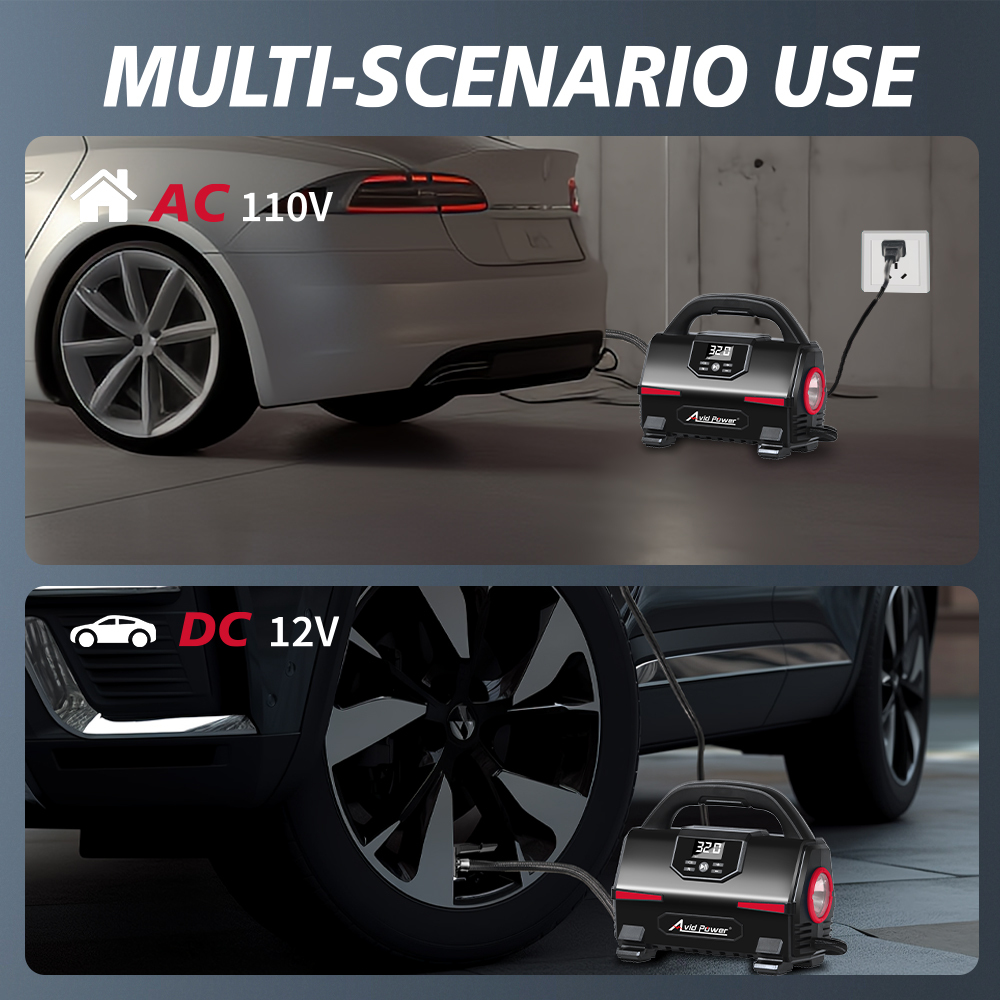 Avid Power Portable Tire Inflator Air Compressor with Digital Gauge DC 12V/120V/220V Air Pump Auto Car Tire Inflators