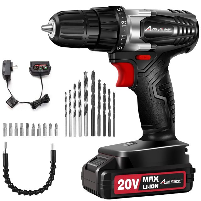 AVID POWER 20V MAX Lithium lon Cordless Drill Set 3/8" Keyless Chuck Variable Speed Battery Power Drill Kit