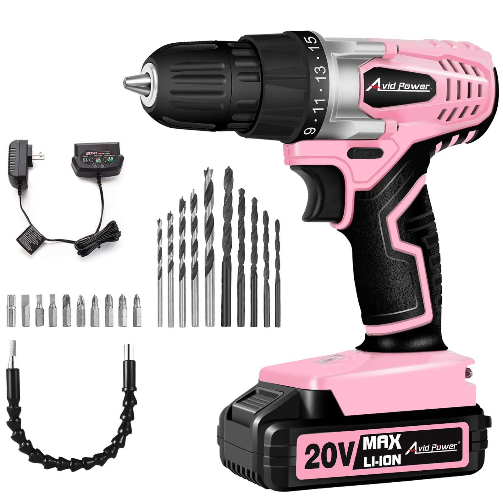 AVID POWER 20V MAX Lithium lon Cordless Drill Set 3/8" Keyless Chuck Variable Speed Battery Power Drill Kit
