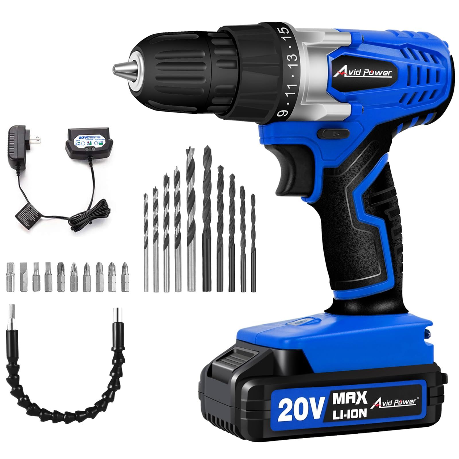 AVID POWER 20V MAX Lithium lon Cordless Drill Set 3/8" Keyless Chuck Variable Speed Battery Power Drill Kit