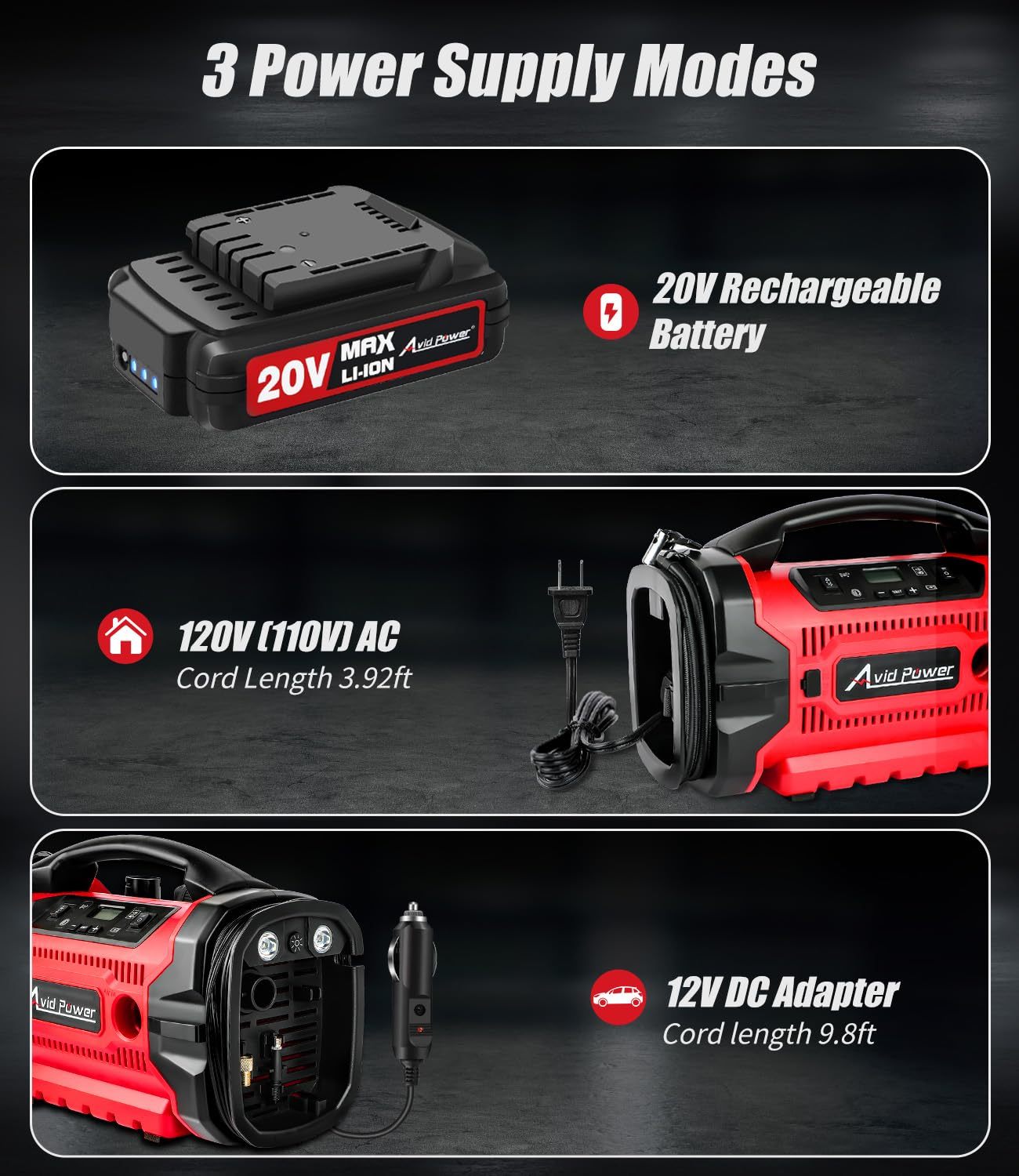 Avid Power 20V Cordless Tire Inflator Portable Air Compressor 3-Way Power Air Pump Auto Car Inflator and Deflator