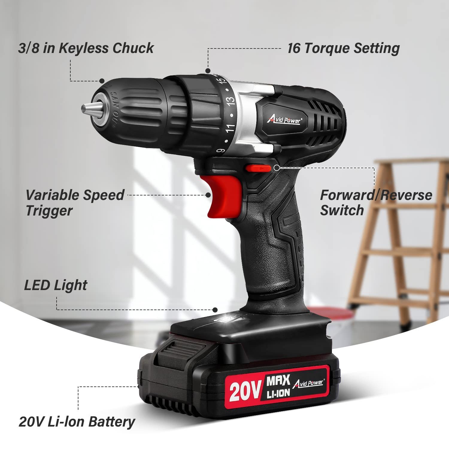 AVID POWER 20V MAX Lithium lon Cordless Drill Set 3/8" Keyless Chuck Variable Speed Battery Power Drill Kit