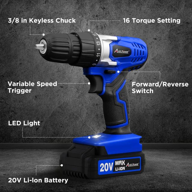 AVID POWER 20V MAX Lithium lon Cordless Drill Set 3/8" Keyless Chuck Variable Speed Battery Power Drill Kit