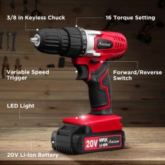 AVID POWER 20V MAX Lithium lon Cordless Drill Set 3/8" Keyless Chuck Variable Speed Battery Power Drill Kit
