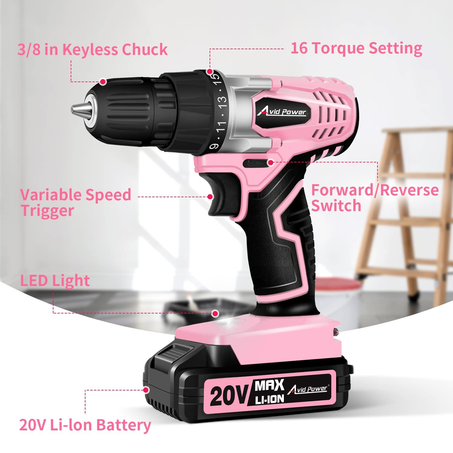 AVID POWER 20V MAX Lithium lon Cordless Drill Set 3/8" Keyless Chuck Variable Speed Battery Power Drill Kit