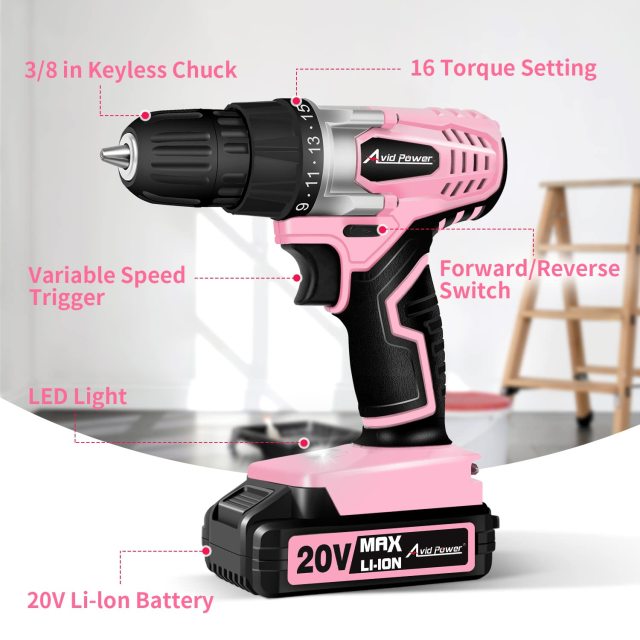 AVID POWER 20V MAX Lithium lon Cordless Drill Set 3/8" Keyless Chuck Variable Speed Battery Power Drill Kit