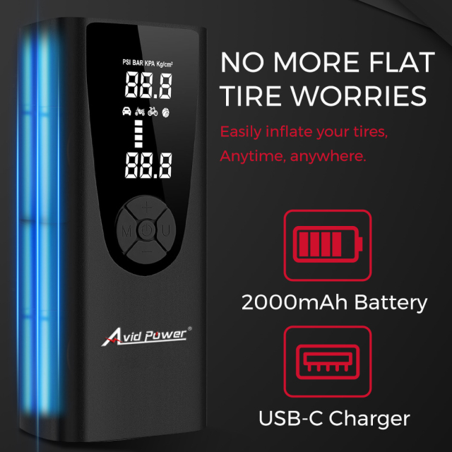Avid Power Cordless Portable Tire Inflator Air Compressor Battery Powered Car Small Air Pump with Digital Gauge