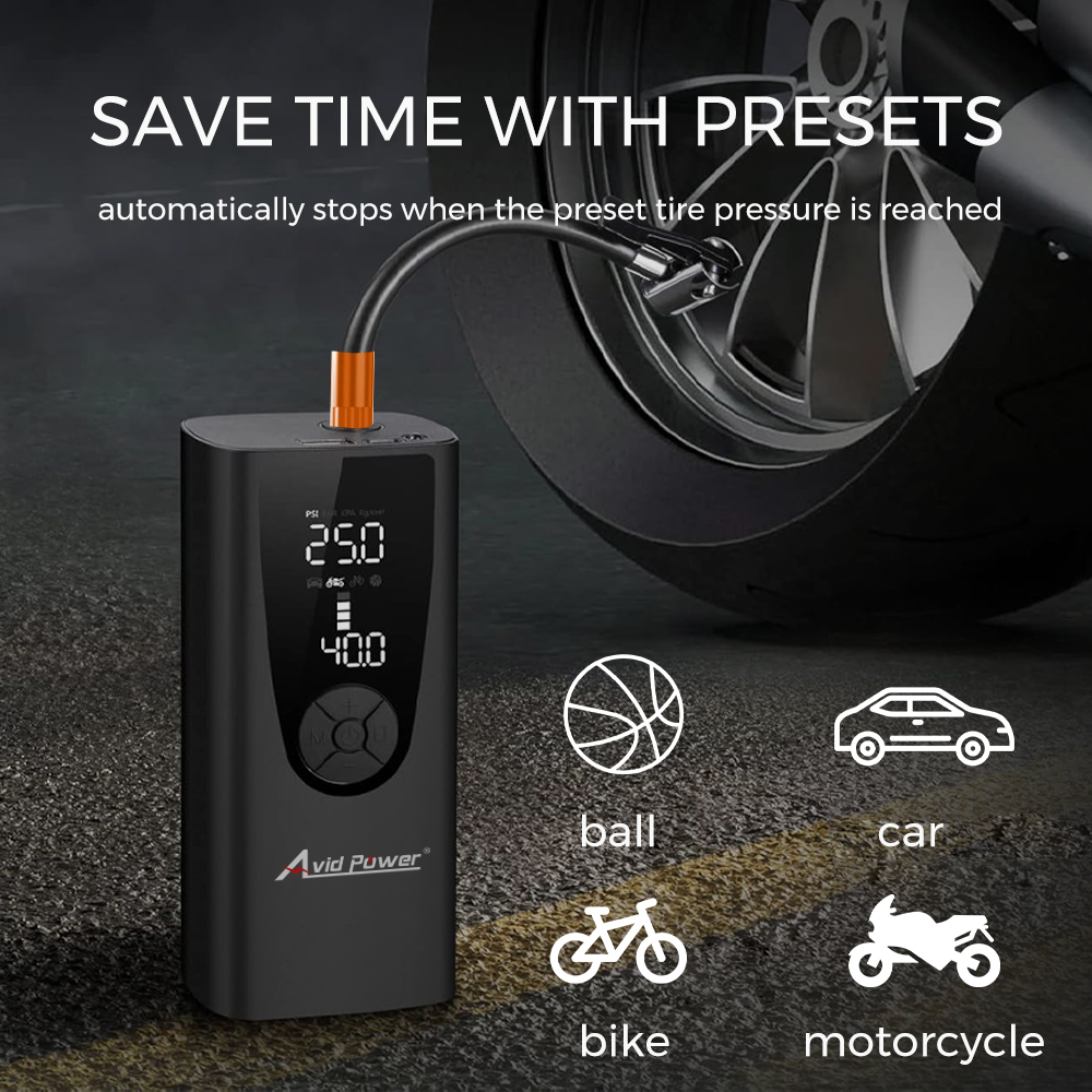 Avid Power Cordless Portable Tire Inflator Air Compressor Battery Powered Car Small Air Pump with Digital Gauge