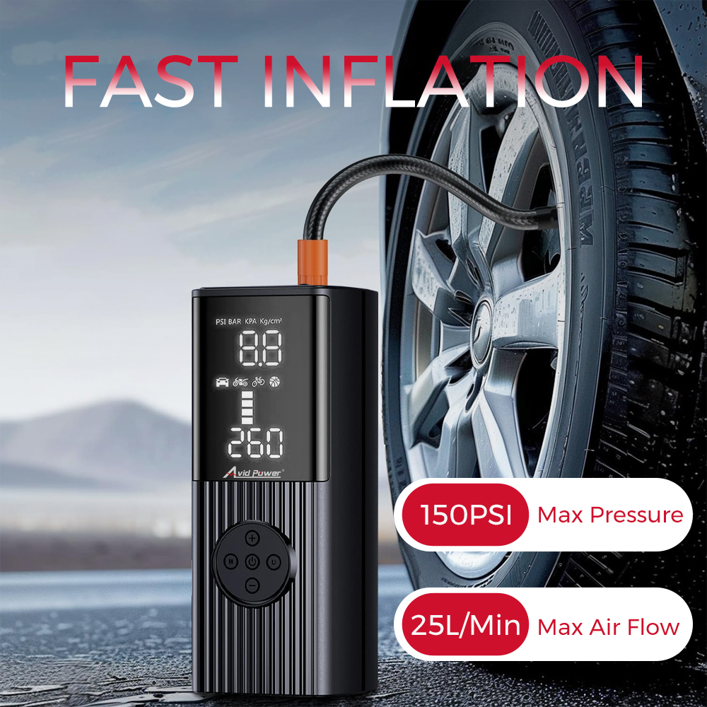 Avid Power Cordless Tire Inflator Portable Air Compressor with Digital Gauge 150PSI Air Pump for Car Motorcycle Bike