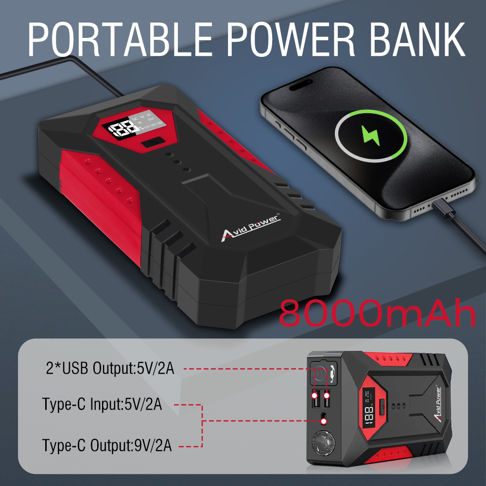 Avid Power Portable Jump Starter  800A Peak Car Booster Pack 12V Truck SUV Car Battery Charger Power Bank
