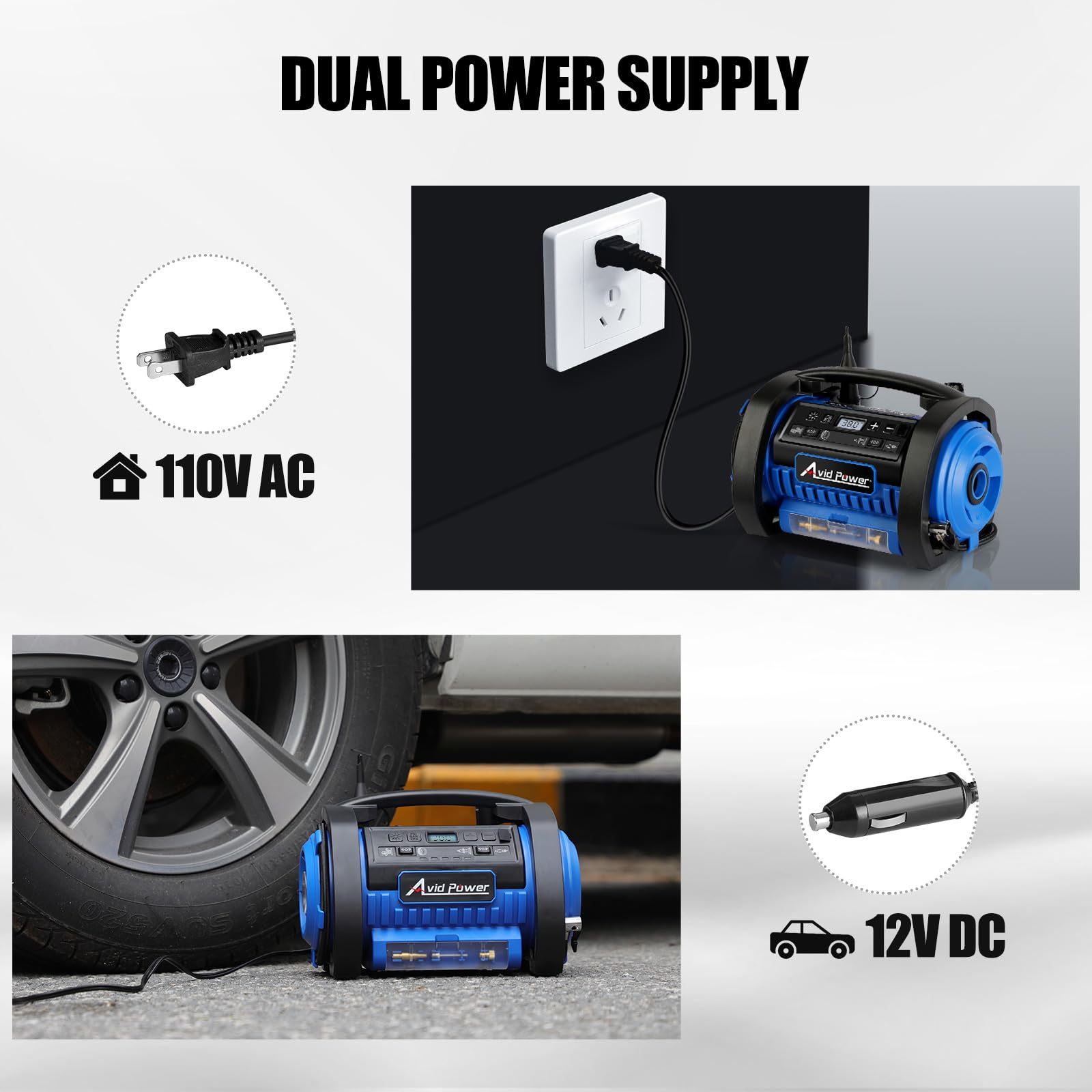 AVID POWER Tire Inflator Portable Air Compressor 12V DC/120V AC Car Tire Pump with Inflation and Deflation Modes