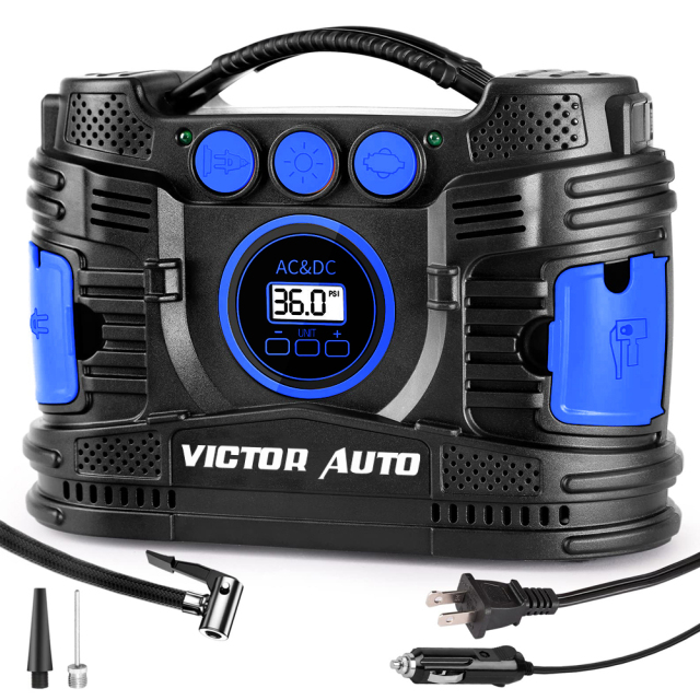 Victor 120V AC /12V DC Tire Inflator Portable Air Compressor,Two powerful Metal Motors,Digital Gauge, Auto Shut Off,Made in Vietnam