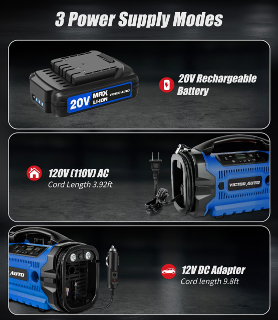 3-Way Power 20v/120V AC/12V DC Cordless Dual Function Inflator/Deflator Portable Air Compressor with Digital Gauge,Made in Vietnam