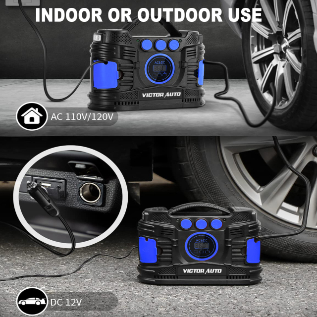 Victor 120V AC /12V DC Tire Inflator Portable Air Compressor,Two powerful Metal Motors,Digital Gauge, Auto Shut Off,Made in Vietnam