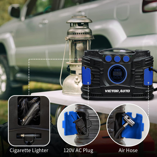 Victor 120V AC /12V DC Tire Inflator Portable Air Compressor,Two powerful Metal Motors,Digital Gauge, Auto Shut Off,Made in Vietnam