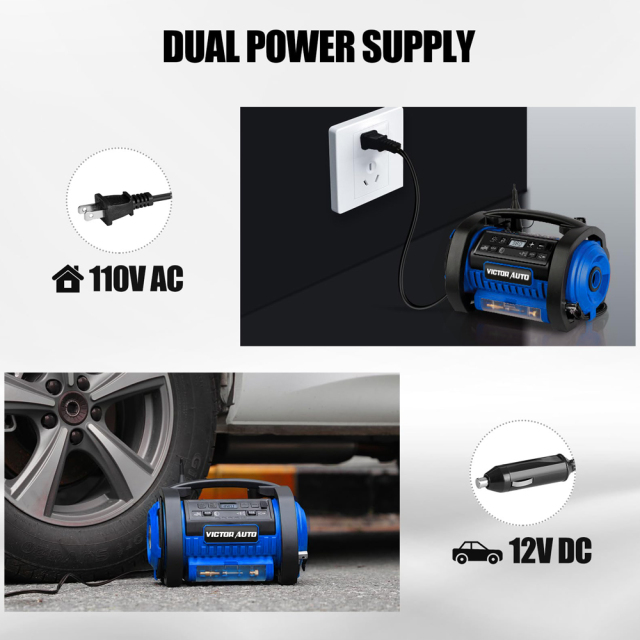 Dual Power 120V AC/12V DC Portable Inflator/Deflator Tire Auto Air Compressor Pump with Digital Gauge,Made in Vietnam