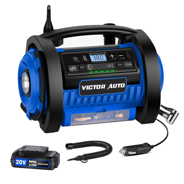 Victor Dual Power 20V/12V DC Cordless Digital Car Tire Inflator/Deflator Portable Air Compressor with Pressure Gauge,Made in Vietnam