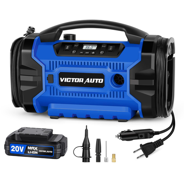 3-Way Power 20v/120V AC/12V DC Cordless Dual Function Inflator/Deflator Portable Air Compressor with Digital Gauge,Made in Vietnam