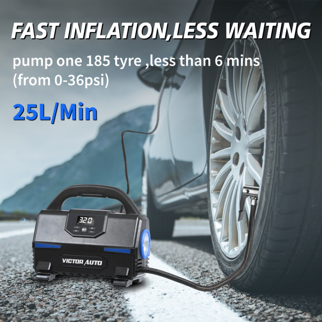 Victor Powerful 120V AC/12V DC Tire Inflator Portable Air Compressor Car Pump, High Pressure Inflation,Made in Vietnam
